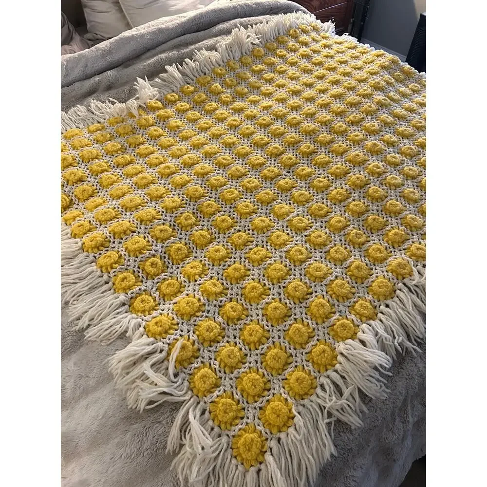 Vintage Handmade Crochet Bobble Flower Afghan Throw Yellow White Fringe 58x49